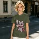 Olive T-shirt with cute warrior cat holding a sword graphic