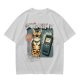 Olive T-Shirt With Grumpy Tabby Cat And Retro Cell Phone Print