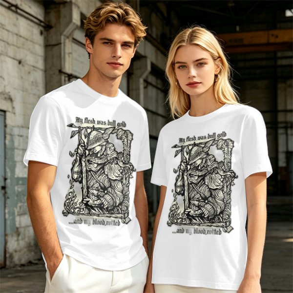 Olive t-shirt with medieval wanderer graphic and gothic text print
