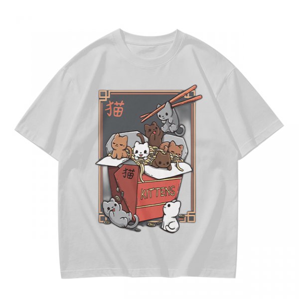 Olive t-shirt with playful kittens in takeout noodle box graphic