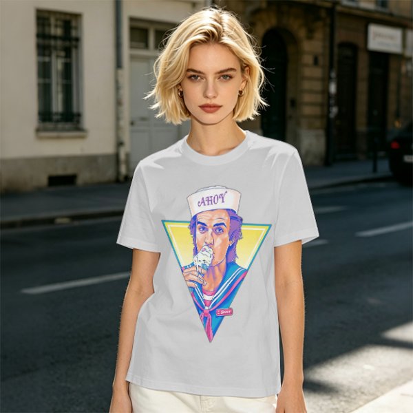 Olive T-Shirt with Steve Harrington Scoops Ahoy Ice Cream Graphic