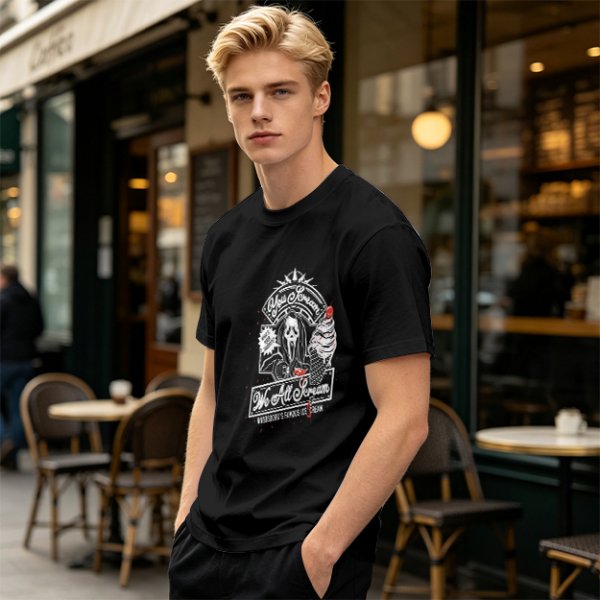 Olive green graphic t-shirt with horror ice cream themed print
