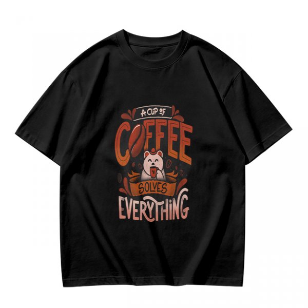 Olive t-shirt with coffee bear graphic that says a cup of coffee solves everything
