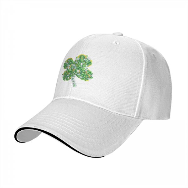 Black baseball cap with decorative four-leaf clover graphic