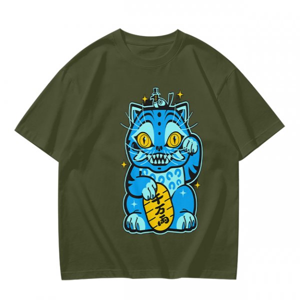 Olive T-Shirt With Blue Maneki-Neko Monster Graphic Print