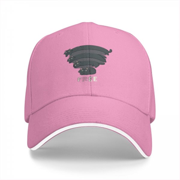 Black baseball cap with stacked cat graphic and 'FREE' text