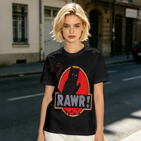 Olive T-Shirt With Black Cat Rawr Dinosaur Parody Graphic