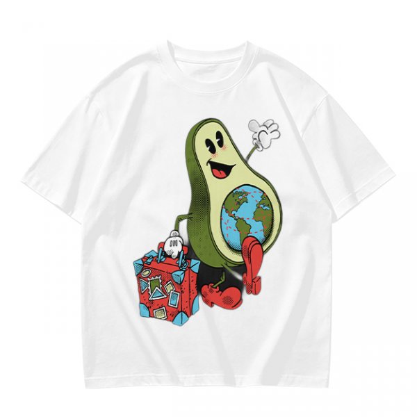 Olive T-Shirt with Cartoon Avocado Globe Travel Print