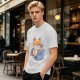 Olive T-Shirt With Cute Orange Cat Working On Laptop Print