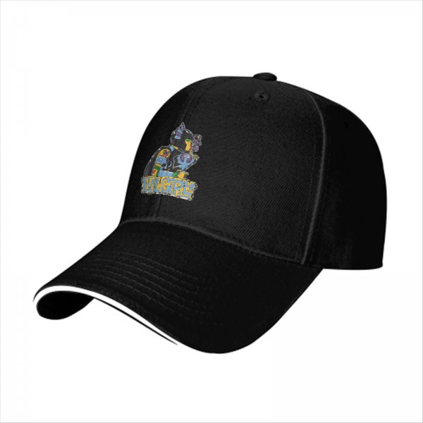 Black baseball cap with colorful cat graphic and Evil Girls text