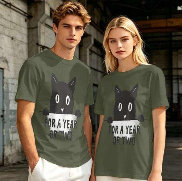 Olive graphic t-shirt with black cat holding 'for a year or two' text
