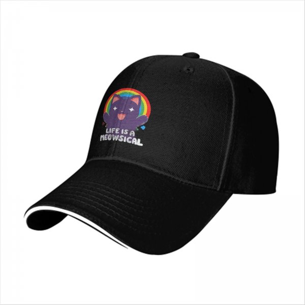 Black baseball cap with cheerful purple cat rainbow and Life is a Meowsical text