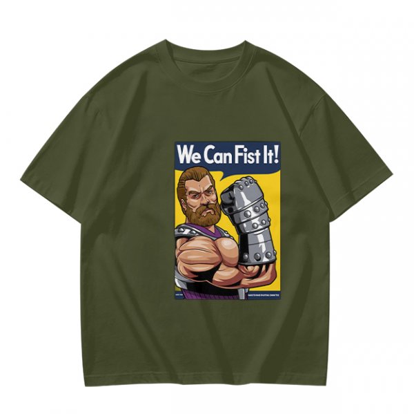 Olive graphic t-shirt with We Can Fist It! armored warrior print
