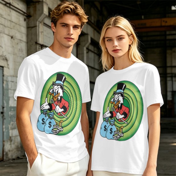 Olive T-Shirt Featuring Scrooge McDuck with Money Bags and Coins