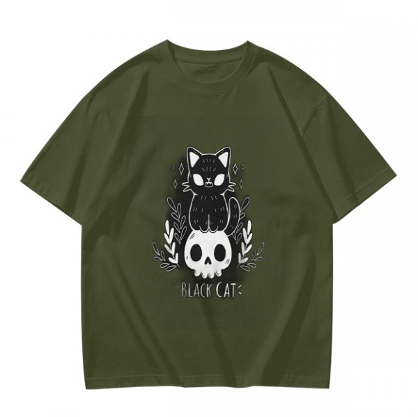 Olive green graphic t-shirt with black cat and skull print