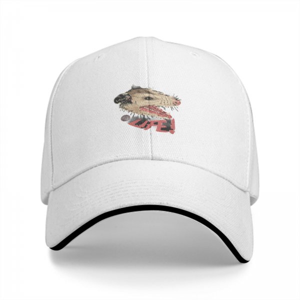 Black baseball cap with hissing opossum and LIFE! graphic