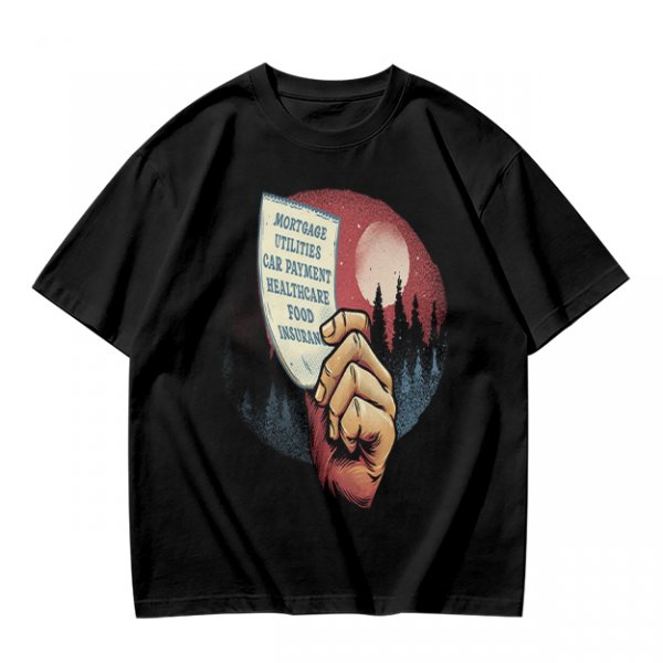 Olive T-Shirt With Hand Holding Bill Of Monthly Expenses Art
