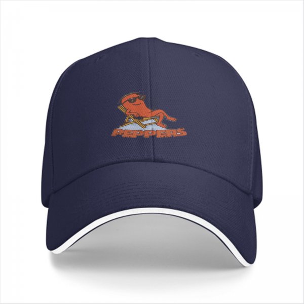 Black baseball cap with a relaxed cartoon pepper graphic and text