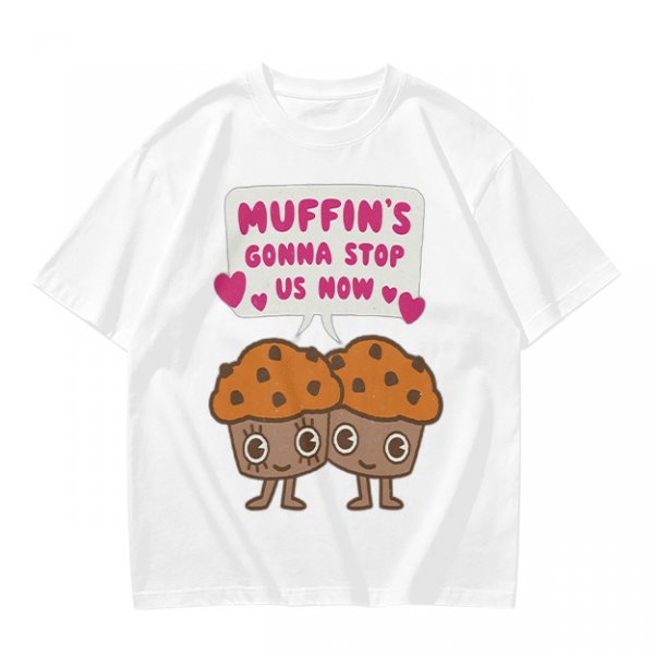 Olive t-shirt with cute muffin graphic and playful text design