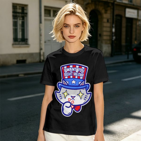 Olive T-Shirt With Patriotic Cat 'I Want You Right Meow' Print