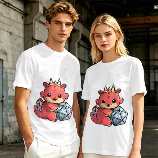 Cute Red Dragon Holding D20 Dice Graphic T-Shirt