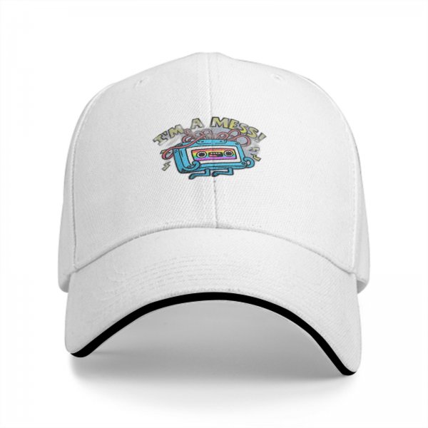 Black baseball cap with retro cassette tape 'I'm a Mess' graphic