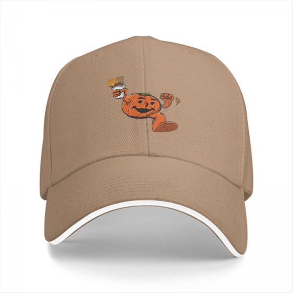 Black baseball cap with dancing pumpkin holding a fall drink design