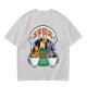 Olive green t-shirt with cat coffee cup graphic and playful text design