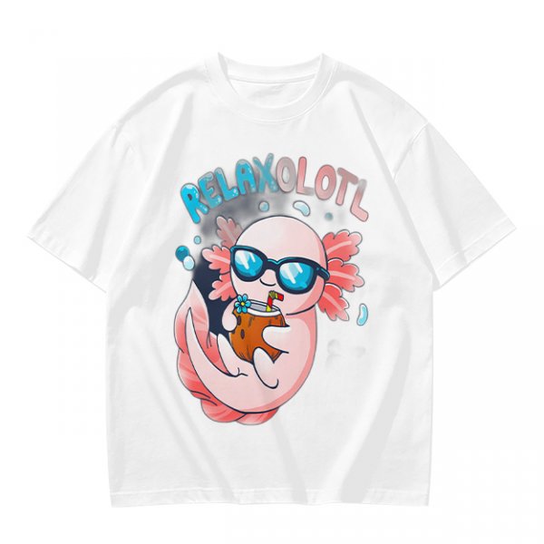 Olive t-shirt with a relaxed axolotl wearing sunglasses holding a drink