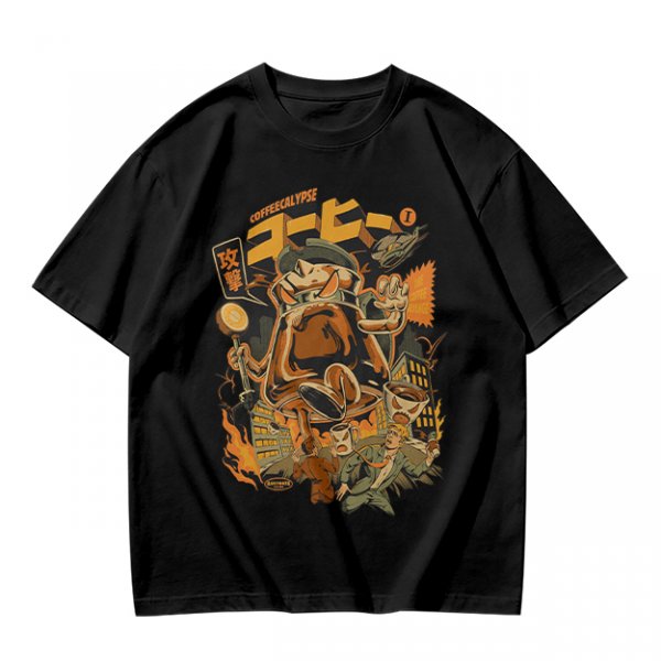 Olive Green T-Shirt with Retro Coffee Monster Graphic Print