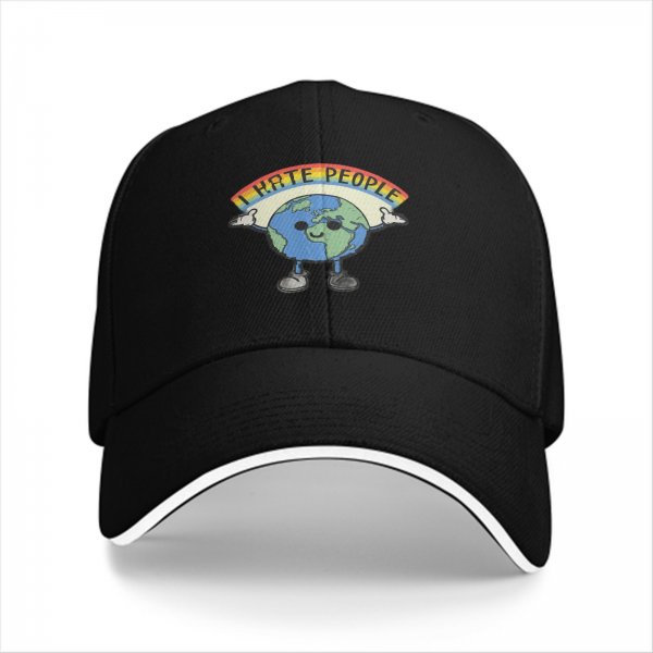 Black baseball cap with cartoon Earth graphic and 'I HATE PEOPLE' text