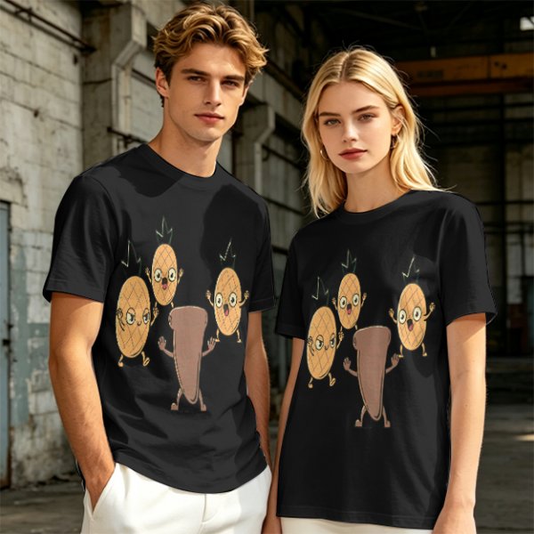 Olive T-Shirt With Cartoon Pineapples And Brown Character Graphic
