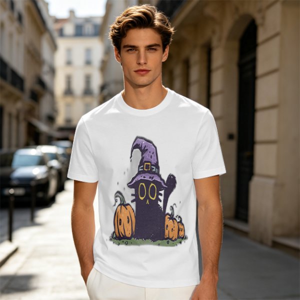 Olive Halloween T-Shirt with Black Cat Witch and Pumpkins