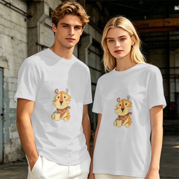 Olive Green T-Shirt with Cute Tiger Holding Coffee Mug Print
