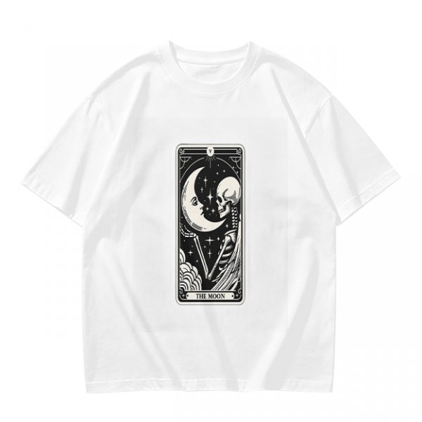 Olive t-shirt with The Moon tarot card skeleton and crescent moon print