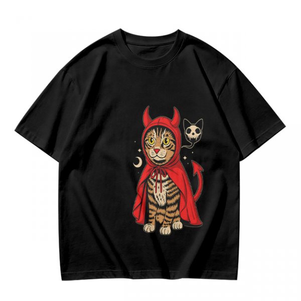 Olive T-shirt with a tabby cat in a devil hood and skull cat graphic
