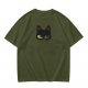 Olive Green T-Shirt With Black Cat Head Graphic Print