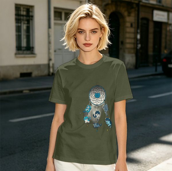 Olive T-Shirt With Dreamcatcher And Cute Cat Kittens Print