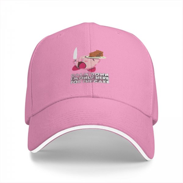Black baseball cap with Kirby holding cake and knife, text 'Calm Down I'm Only Here For The Cake'