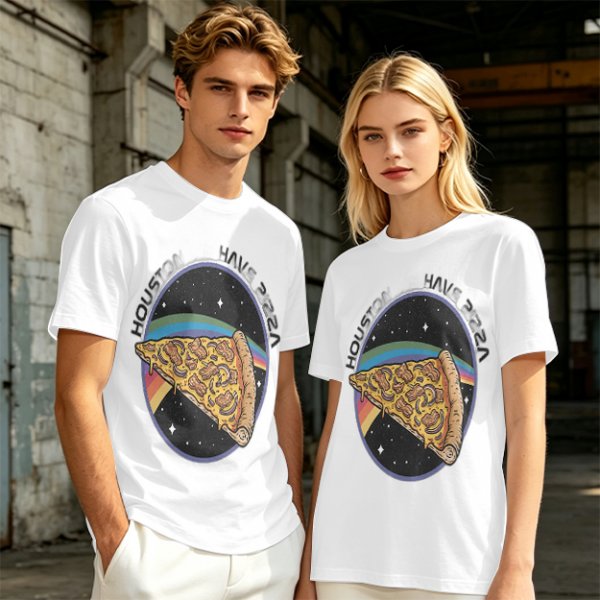 Olive t-shirt with space pizza graphic and Houston have pizza text