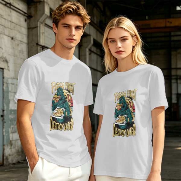 Olive T-Shirt with Godzilla Pizza First Destroy Later Print