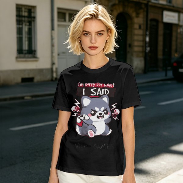 Olive t-shirt with angry gaming wolf graphic and funny apology text