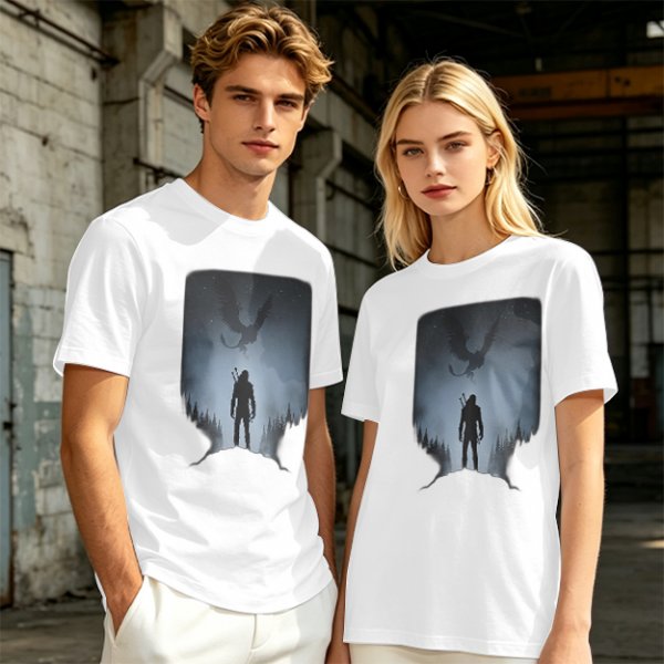 Olive T-Shirt With Dark Fantasy Silhouette Print Of Warrior And Winged Beast