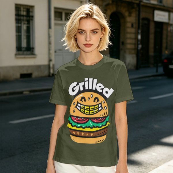 Olive T-Shirt with Smiling Grilled Burger Graphic