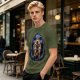 Olive T-Shirt with Muscular Hero Emerging from Hooded Figure Art