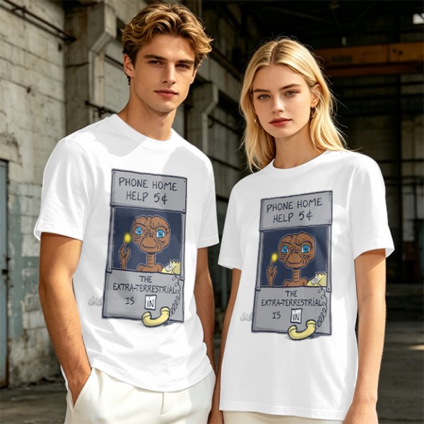 Olive green t-shirt with E.T. phone home graphic print