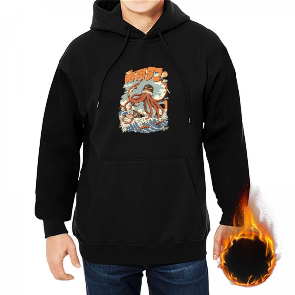 Black Hoodie With Vintage Octopus Monster Wave Graphic