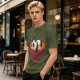 Olive green t-shirt with a panda relaxing in a steaming ramen bowl print