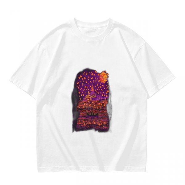 Olive T-Shirt with Purple Sunset Boat Scene Graphic
