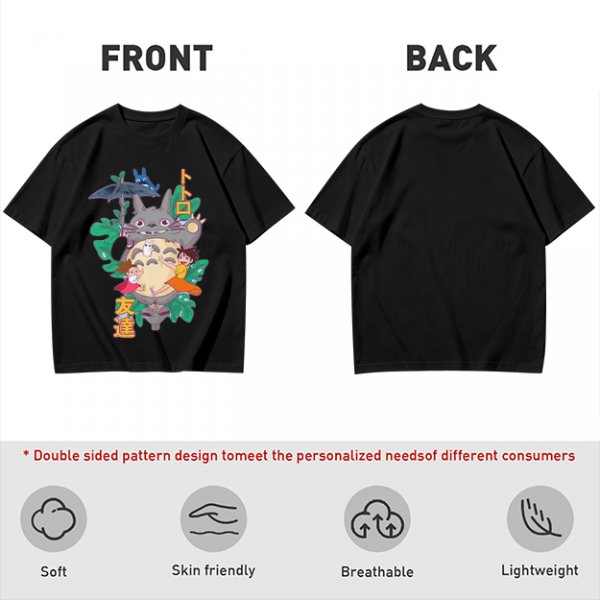 My Neighbor Totoro Graphic T-Shirt with Anime Characters and Leaves